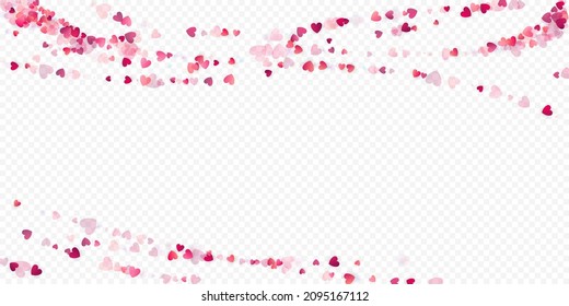 Heart love vector background. Valentine frame. Pink hearts confetti. Scattered love symbols. Random falling heart shape on transparent background. Beautiful Invitation, Greeting Card Illustration.