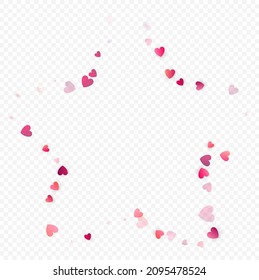 Heart love vector background. Valentine frame. Pink hearts confetti. Scattered love symbols. Random falling heart shape on transparent background. Beautiful Invitation, Greeting Card Illustration.
