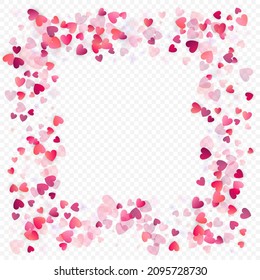 Fondo vectorial de amor cardíaco. Marco de San Valentín. Confeti de corazones rosados. Símbolos de amor dispersos. Forma cardíaca al azar sobre fondo transparente. Hermosa Invitación, Ilustración De Tarjeta De Saludo.