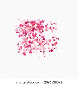 Heart love vector background. Valentine frame. Pink hearts confetti. Scattered love symbols. Random falling heart shape on transparent background. Beautiful Invitation, Greeting Card Illustration.