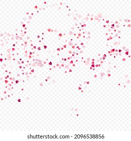 Herzliebe, Vektorhintergrund. Valentinrahmen. Rosa Herzen Konfetti. Gesenkte Liebessymbole. Zufällig fallende Herzform auf transparentem Hintergrund. Schöne Einladung, Grußkartenillustration.