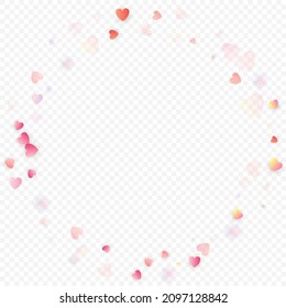 Heart love vector background. Valentine frame. Pink hearts confetti. Scattered love symbols. Random falling heart shape on transparent background. Beautiful Invitation, Greeting Card Illustration.