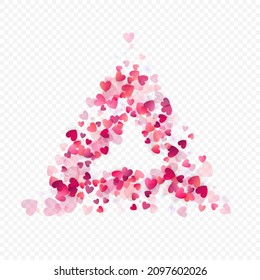 Heart love vector background. Valentine frame. Pink hearts confetti. Scattered love symbols. Random falling heart shape on transparent background. Beautiful Invitation, Greeting Card Illustration.