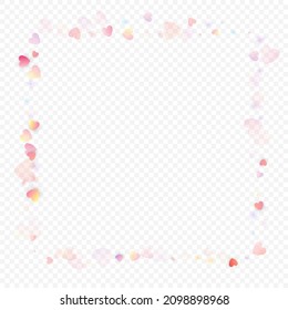 Heart love vector background. Valentine frame. Pink hearts confetti. Scattered love symbols. Random falling heart shape on transparent background. Beautiful Invitation, Greeting Card Illustration.