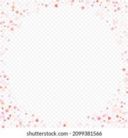 Herzliebe, Vektorhintergrund. Valentinrahmen. Rosa Herzen Konfetti. Gesenkte Liebessymbole. Zufällig fallende Herzform auf transparentem Hintergrund. Schöne Einladung, Grußkartenillustration.