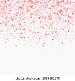 Fondo vectorial de amor cardíaco. Marco de San Valentín. Confeti de corazones rosados. Símbolos de amor dispersos. Forma cardíaca al azar sobre fondo transparente. Hermosa Invitación, Ilustración De Tarjeta De Saludo.