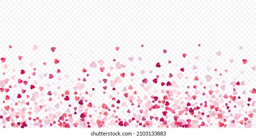 Heart love vector background. Valentine frame. Pink hearts confetti. Scattered love symbols. Random falling heart shape on transparent background. Beautiful Invitation, Greeting Card Illustration.