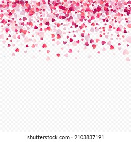 Fondo vectorial de amor cardíaco. Marco de San Valentín. Confeti de corazones rosados. Símbolos de amor dispersos. Forma cardíaca al azar sobre fondo transparente. Hermosa Invitación, Ilustración De Tarjeta De Saludo.