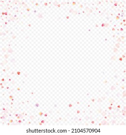 Fondo vectorial de amor cardíaco. Marco de San Valentín. Confeti de corazones rosados. Símbolos de amor dispersos. Forma cardíaca al azar sobre fondo transparente. Hermosa Invitación, Ilustración De Tarjeta De Saludo.
