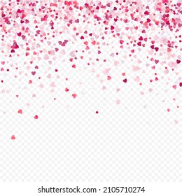 Heart love vector background. Valentine frame. Pink hearts confetti. Scattered love symbols. Random falling heart shape on transparent background. Beautiful Invitation, Greeting Card Illustration.