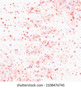 Heart love vector background. Valentine frame. Pink hearts confetti. Scattered love symbols. Random falling heart shape on transparent background. Beautiful Invitation, Greeting Card Illustration.