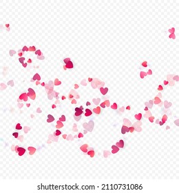 Fondo vectorial de amor cardíaco. Marco de San Valentín. Confeti de corazones rosados. Símbolos de amor dispersos. Forma cardíaca al azar sobre fondo transparente. Hermosa Invitación, Ilustración De Tarjeta De Saludo.