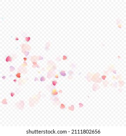 Fondo vectorial de amor cardíaco. Marco de San Valentín. Confeti de corazones rosados. Símbolos de amor dispersos. Forma cardíaca al azar sobre fondo transparente. Hermosa Invitación, Ilustración De Tarjeta De Saludo.