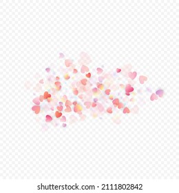 Heart love vector background. Valentine frame. Pink hearts confetti. Scattered love symbols. Random falling heart shape on transparent background. Beautiful Invitation, Greeting Card Illustration.