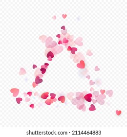 Heart love vector background. Valentine frame. Pink hearts confetti. Scattered love symbols. Random falling heart shape on transparent background. Beautiful Invitation, Greeting Card Illustration.
