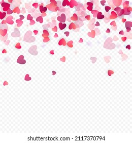 Heart love vector background. Valentine frame. Pink hearts confetti. Scattered love symbols. Random falling heart shape on transparent background. Beautiful Invitation, Greeting Card Illustration.