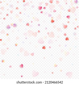 Herzliebe, Vektorhintergrund. Valentinrahmen. Rosa Herzen Konfetti. Gesenkte Liebessymbole. Zufällig fallende Herzform auf transparentem Hintergrund. Schöne Einladung, Grußkartenillustration.