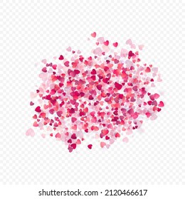 Heart love vector background. Valentine frame. Pink hearts confetti. Scattered love symbols. Random falling heart shape on transparent background. Beautiful Invitation, Greeting Card Illustration.