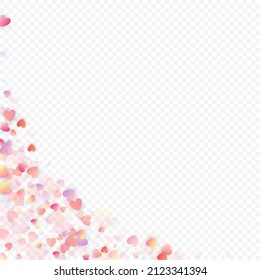 Herzliebe, Vektorhintergrund. Valentinrahmen. Rosa Herzen Konfetti. Gesenkte Liebessymbole. Zufällig fallende Herzform auf transparentem Hintergrund. Schöne Einladung, Grußkartenillustration.