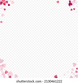 Fondo vectorial de amor cardíaco. Marco de San Valentín. Confeti de corazones rosados. Símbolos de amor dispersos. Forma cardíaca al azar sobre fondo transparente. Hermosa Invitación, Ilustración De Tarjeta De Saludo.