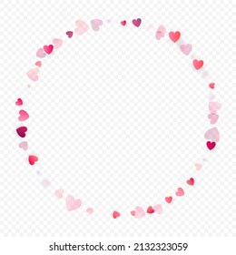 Heart love vector background. Valentine frame. Pink hearts confetti. Scattered love symbols. Random falling heart shape on transparent background. Beautiful Invitation, Greeting Card Illustration.