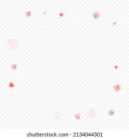 Heart love vector background. Valentine frame. Pink hearts confetti. Scattered love symbols. Random falling heart shape on transparent background. Beautiful Invitation, Greeting Card Illustration.
