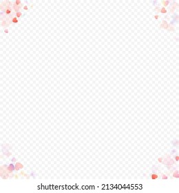 Heart love vector background. Valentine frame. Pink hearts confetti. Scattered love symbols. Random falling heart shape on transparent background. Beautiful Invitation, Greeting Card Illustration.