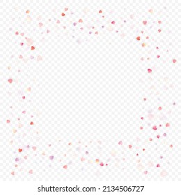 Heart love vector background. Valentine frame. Pink hearts confetti. Scattered love symbols. Random falling heart shape on transparent background. Beautiful Invitation, Greeting Card Illustration.