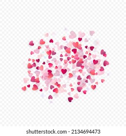 Heart love vector background. Valentine frame. Pink hearts confetti. Scattered love symbols. Random falling heart shape on transparent background. Beautiful Invitation, Greeting Card Illustration.