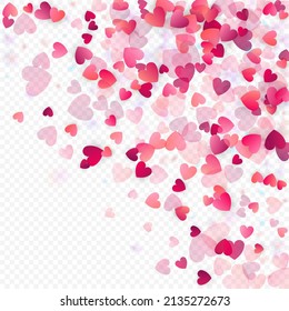 Fondo vectorial de amor cardíaco. Marco de San Valentín. Confeti de corazones rosados. Símbolos de amor dispersos. Forma cardíaca al azar sobre fondo transparente. Hermosa Invitación, Ilustración De Tarjeta De Saludo.