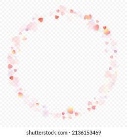 Heart love vector background. Valentine frame. Pink hearts confetti. Scattered love symbols. Random falling heart shape on transparent background. Beautiful Invitation, Greeting Card Illustration.