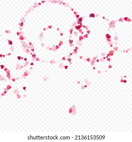 Heart love vector background. Valentine frame. Pink hearts confetti. Scattered love symbols. Random falling heart shape on transparent background. Beautiful Invitation, Greeting Card Illustration.