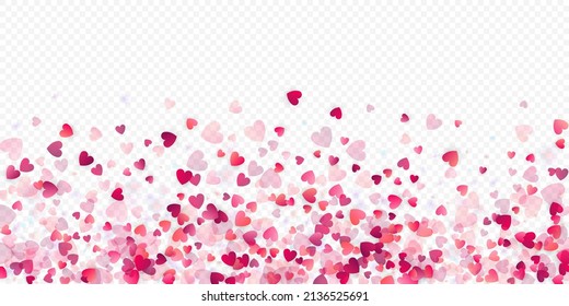 Herzliebe, Vektorhintergrund. Valentinrahmen. Rosa Herzen Konfetti. Gesenkte Liebessymbole. Zufällig fallende Herzform auf transparentem Hintergrund. Schöne Einladung, Grußkartenillustration.