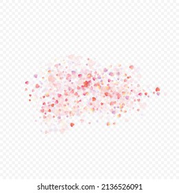 Fondo vectorial de amor cardíaco. Marco de San Valentín. Confeti de corazones rosados. Símbolos de amor dispersos. Forma cardíaca al azar sobre fondo transparente. Hermosa Invitación, Ilustración De Tarjeta De Saludo.