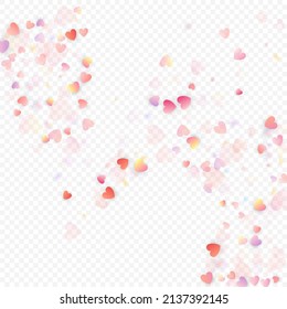 Heart love vector background. Valentine frame. Pink hearts confetti. Scattered love symbols. Random falling heart shape on transparent background. Beautiful Invitation, Greeting Card Illustration.