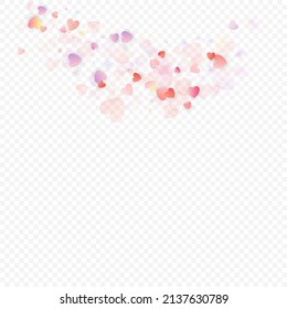 Herzliebe, Vektorhintergrund. Valentinrahmen. Rosa Herzen Konfetti. Gesenkte Liebessymbole. Zufällig fallende Herzform auf transparentem Hintergrund. Schöne Einladung, Grußkartenillustration.