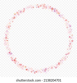 Heart love vector background. Valentine frame. Pink hearts confetti. Scattered love symbols. Random falling heart shape on transparent background. Beautiful Invitation, Greeting Card Illustration.