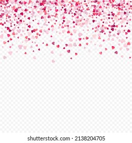 Heart love vector background. Valentine frame. Pink hearts confetti. Scattered love symbols. Random falling heart shape on transparent background. Beautiful Invitation, Greeting Card Illustration.