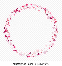 Herzliebe, Vektorhintergrund. Valentinrahmen. Rosa Herzen Konfetti. Gesenkte Liebessymbole. Zufällig fallende Herzform auf transparentem Hintergrund. Schöne Einladung, Grußkartenillustration.