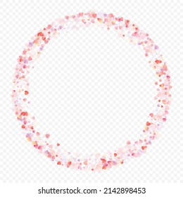 Fondo vectorial de amor cardíaco. Marco de San Valentín. Confeti de corazones rosados. Símbolos de amor dispersos. Forma cardíaca al azar sobre fondo transparente. Hermosa Invitación, Ilustración De Tarjeta De Saludo.