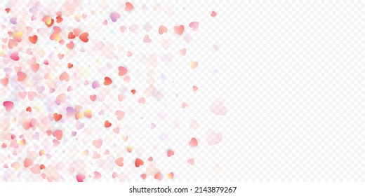 Heart love vector background. Valentine frame. Pink hearts confetti. Scattered love symbols. Random falling heart shape on transparent background. Beautiful Invitation, Greeting Card Illustration.