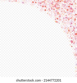 Heart love vector background. Valentine frame. Pink hearts confetti. Scattered love symbols. Random falling heart shape on transparent background. Beautiful Invitation, Greeting Card Illustration.