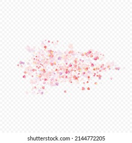 Heart love vector background. Valentine frame. Pink hearts confetti. Scattered love symbols. Random falling heart shape on transparent background. Beautiful Invitation, Greeting Card Illustration.