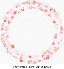 Herzliebe, Vektorhintergrund. Valentinrahmen. Rosa Herzen Konfetti. Gesenkte Liebessymbole. Zufällig fallende Herzform auf transparentem Hintergrund. Schöne Einladung, Grußkartenillustration.
