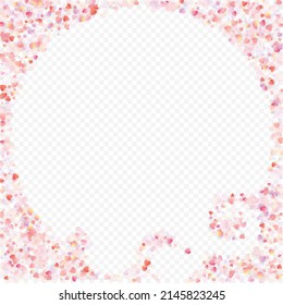Heart love vector background. Valentine frame. Pink hearts confetti. Scattered love symbols. Random falling heart shape on transparent background. Beautiful Invitation, Greeting Card Illustration.