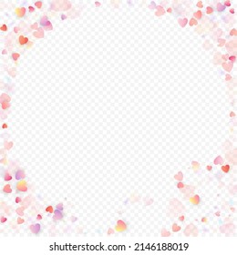 Heart love vector background. Valentine frame. Pink hearts confetti. Scattered love symbols. Random falling heart shape on transparent background. Beautiful Invitation, Greeting Card Illustration.