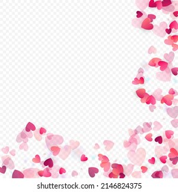 Fondo vectorial de amor cardíaco. Marco de San Valentín. Confeti de corazones rosados. Símbolos de amor dispersos. Forma cardíaca al azar sobre fondo transparente. Hermosa Invitación, Ilustración De Tarjeta De Saludo.