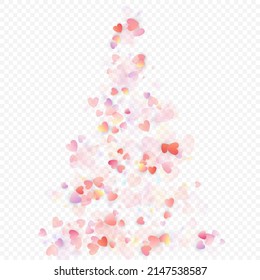 Heart love vector background. Valentine frame. Pink hearts confetti. Scattered love symbols. Random falling heart shape on transparent background. Beautiful Invitation, Greeting Card Illustration.