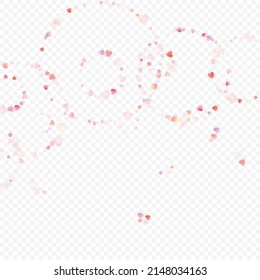 Fondo vectorial de amor cardíaco. Marco de San Valentín. Confeti de corazones rosados. Símbolos de amor dispersos. Forma cardíaca al azar sobre fondo transparente. Hermosa Invitación, Ilustración De Tarjeta De Saludo.