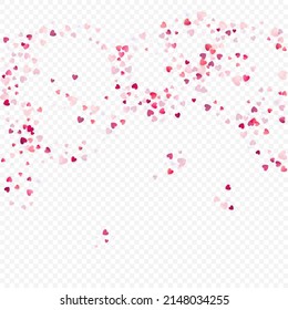 Heart love vector background. Valentine frame. Pink hearts confetti. Scattered love symbols. Random falling heart shape on transparent background. Beautiful Invitation, Greeting Card Illustration.